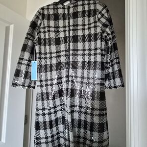 Draper James Black and White Plaid Sequin Trench Coat